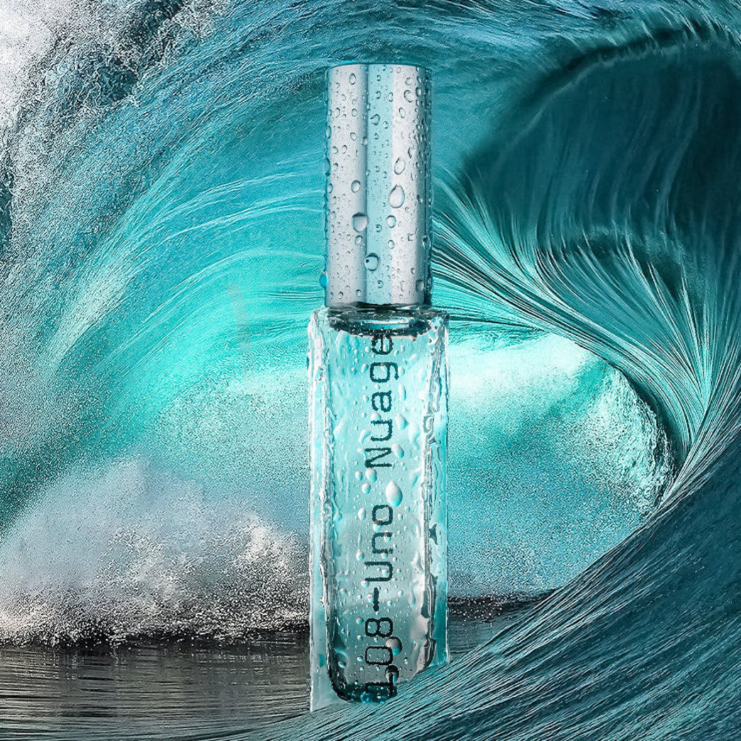 Clear bottle with 'Nuage' branding against a dynamic wave background