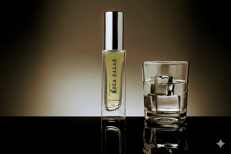 Perfume bottle labeled 'Rosa Salas' next to a glass with ice on a reflective surface.
