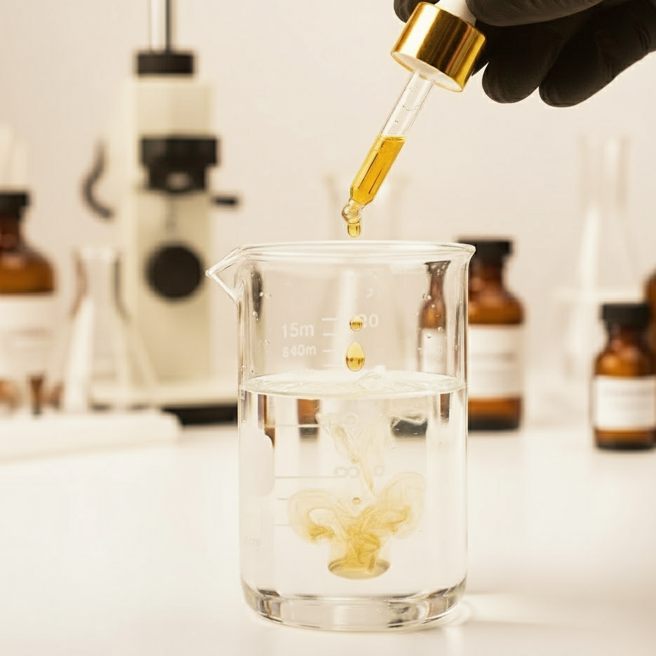 Hand with dropper adding liquid to a beaker in a laboratory setting