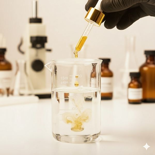 Hand with dropper adding liquid to a beaker in a laboratory setting