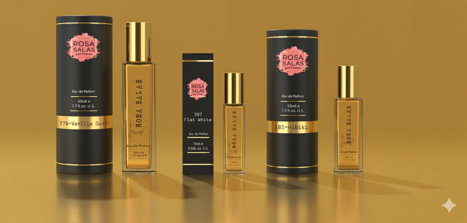 Collection of Rosa Palma perfume bottles and packaging on a reflective gold surface.