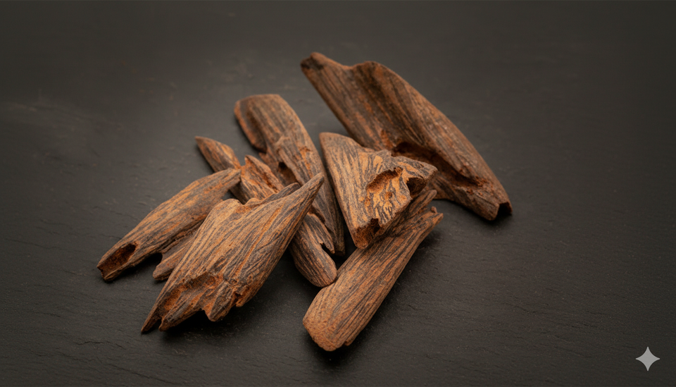 Pile of dried cinnamon sticks on a dark surface