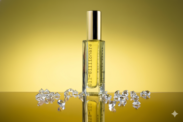 Perfume bottle labeled '0.2 Billionaire' with diamonds on a yellow background