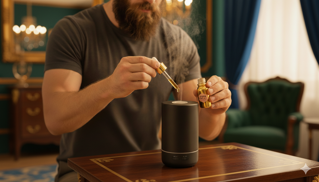 Man preparing a drink with a smoking device in a cozy room.