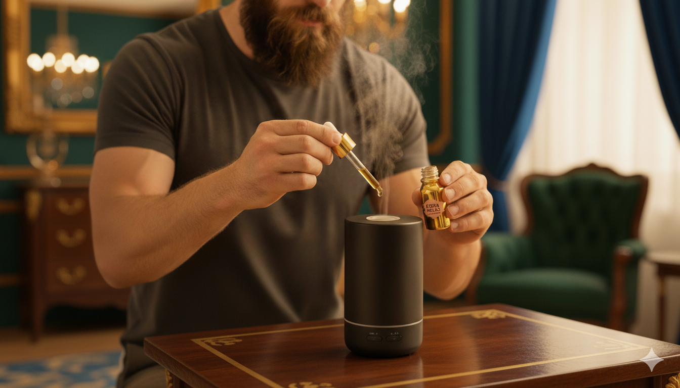 Man preparing a drink with a smoking device in a cozy room.
