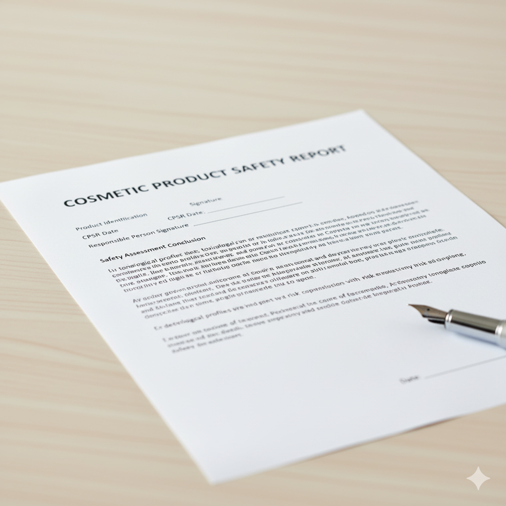 Cosmetic product safety report on a desk with a pen