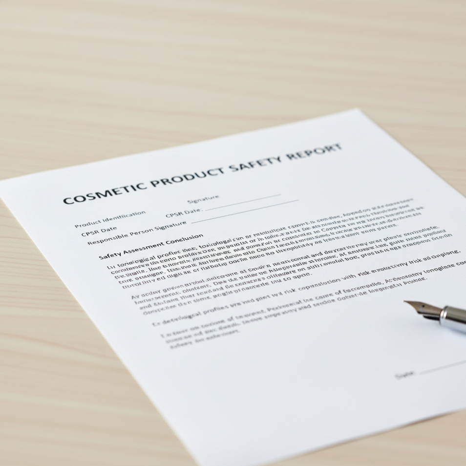 Cosmetic product safety report on a desk with a pen