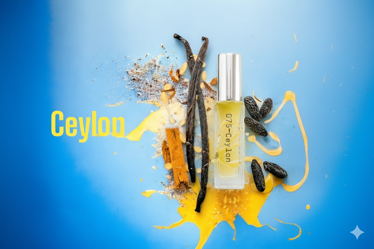 Perfume bottle labeled 'Ceylon' with vanilla beans and other ingredients on a blue background
