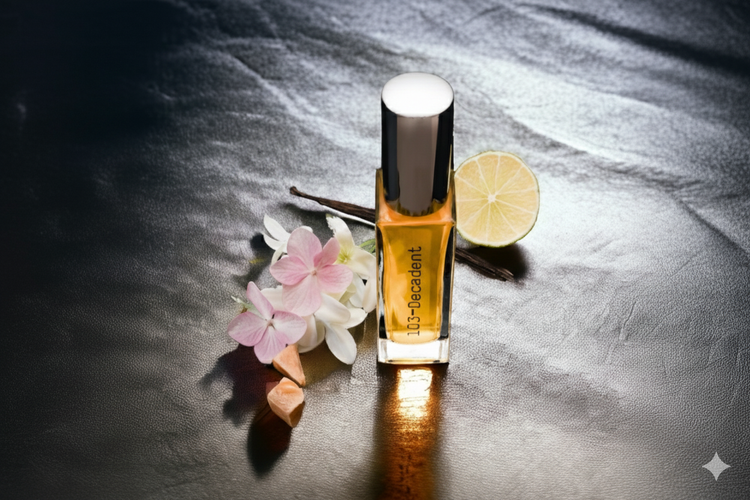 Perfume bottle with flowers and a lime on a reflective surface