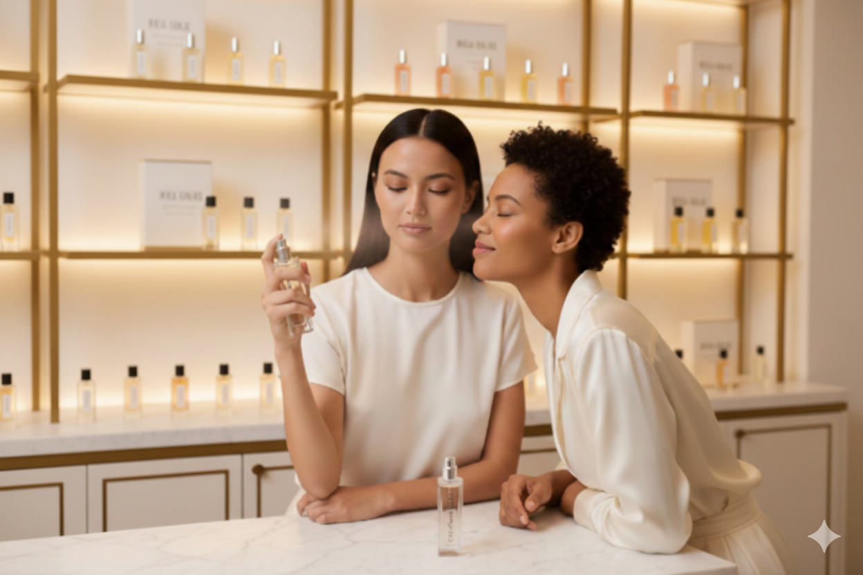 Two women in a store setting with shelves of perfume bottles.