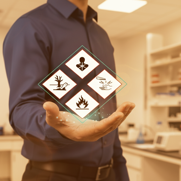Person holding a tablet with hazardous symbols in a laboratory setting