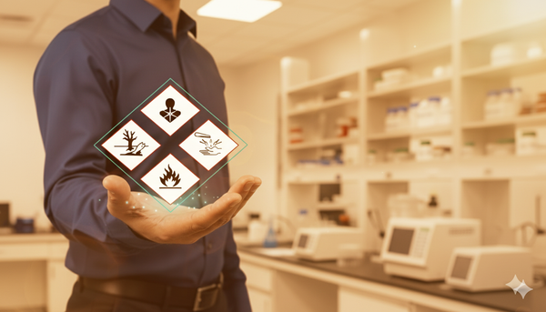 Person holding a tablet with hazardous symbols in a laboratory setting