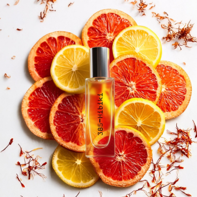 Perfume bottle surrounded by sliced citrus fruits on a light background