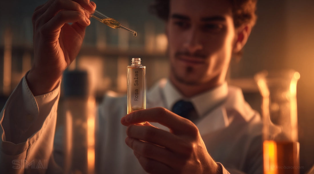 Person holding a vial and a dropper with a warm, blurred background