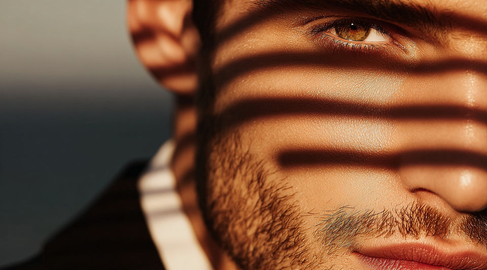 Close-up of a person's face with sunlight casting shadows on their skin.