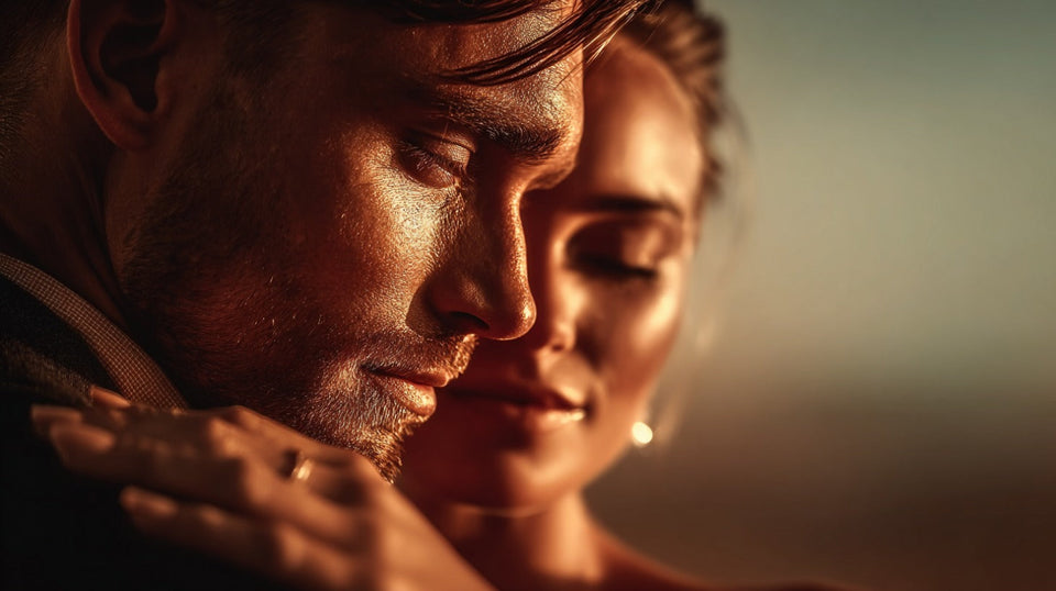 Close-up of a man and woman embracing with a warm, intimate atmosphere.