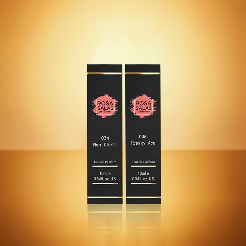 Two black perfume bottles with 'Rosa Salas' branding on a gold gradient background