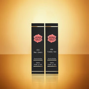 Two black perfume bottles with 'Rosa Salas' branding on a gold gradient background